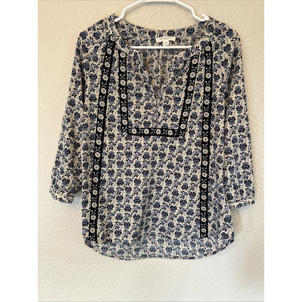 beachlunchlounge Womens Boho Blue & Cream Floral Lightweight Tunic Top Size XS